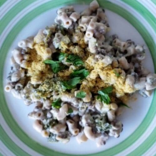 Elbow macaroni in a creamy sauce, garnished with nutritional yeast and fresh basil, on a plate with circular green stripes.