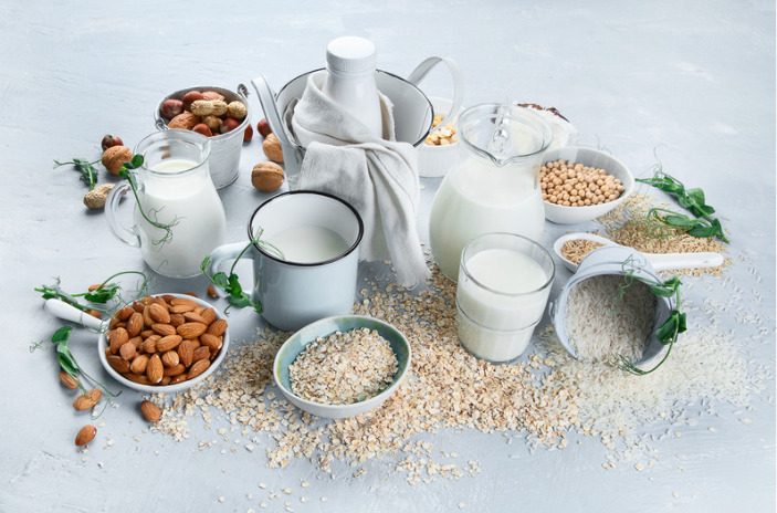 Glasses and mugs of plant-based milk along with the nuts and seeds that they're made from in bowls on a white background.