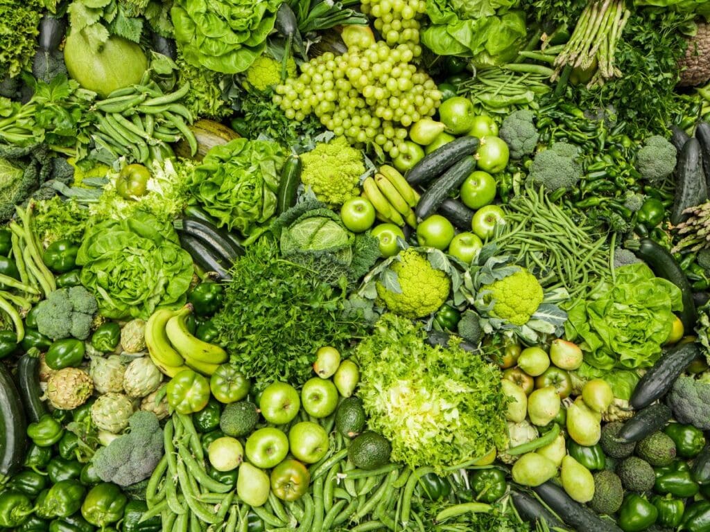 A variety of green fruits and vegetables