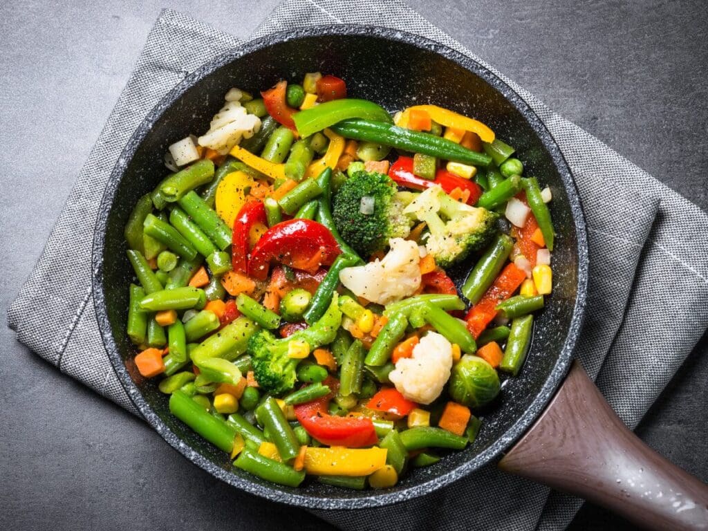 Colourful stir fry in a pan